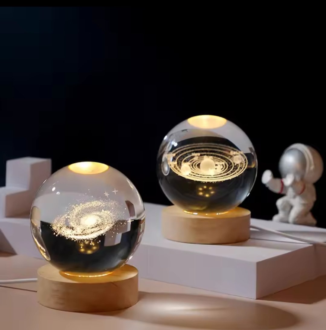 Veilleuse Boule de Cristal 3D,avec Base en Bois de