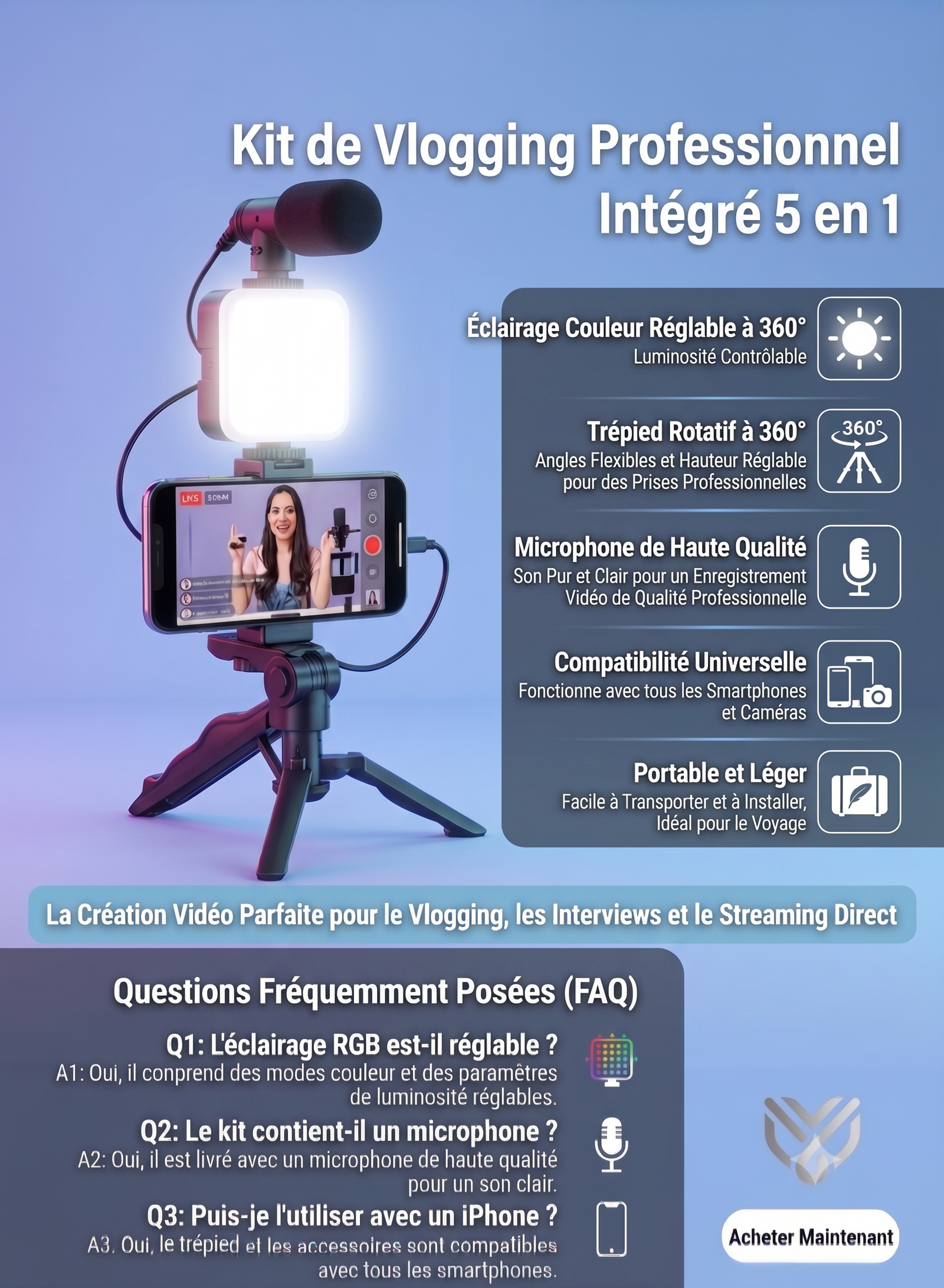 Kit Vidéo Vlogger,  Microphone ,LED Trépied