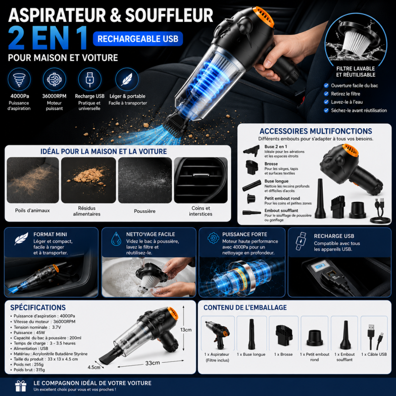 Aspirateur et Souffleur 2en1 Rechargeable USB